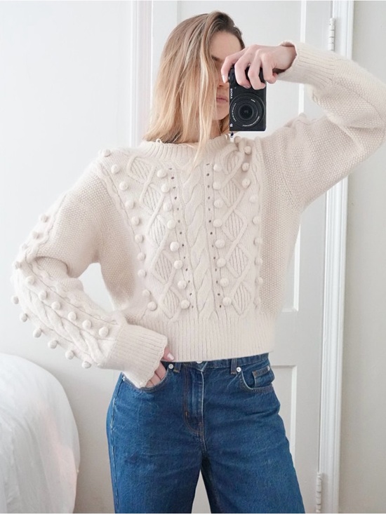 & Other Stories Sweaters - & Other Stories Cream Cable-Knit Pom-Pom Crew Sweater Size Medium